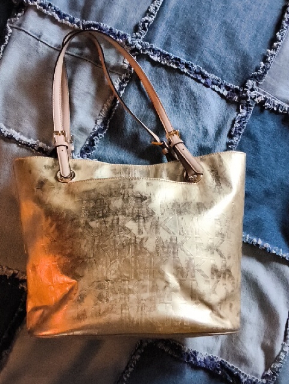Michael KORS Metallic Gold Tote Handbag with Light Tan Straps
